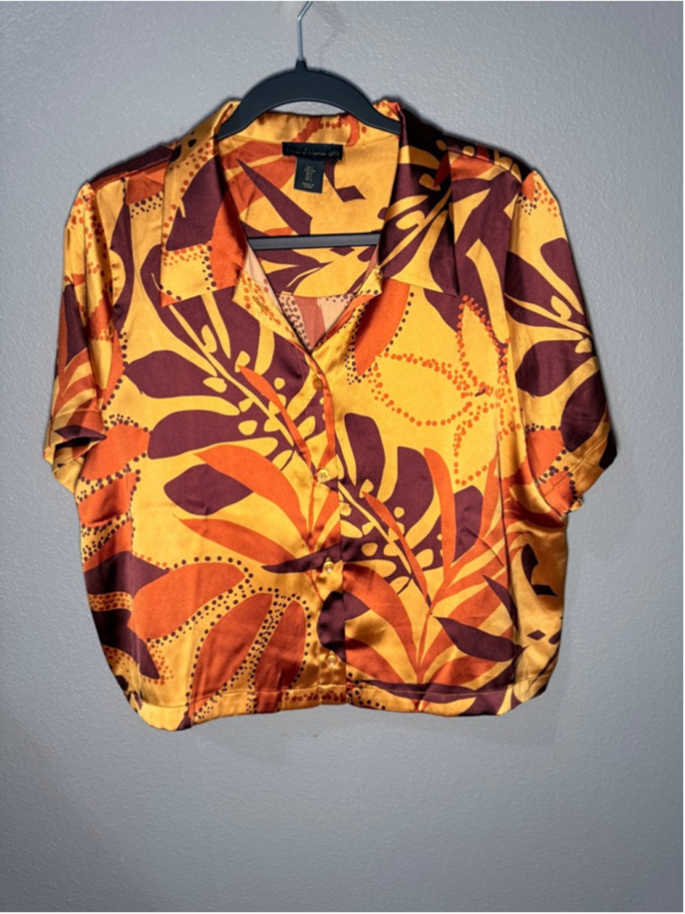 Tropical Print Short Sleeve Button Front Top - Yellow/Orange